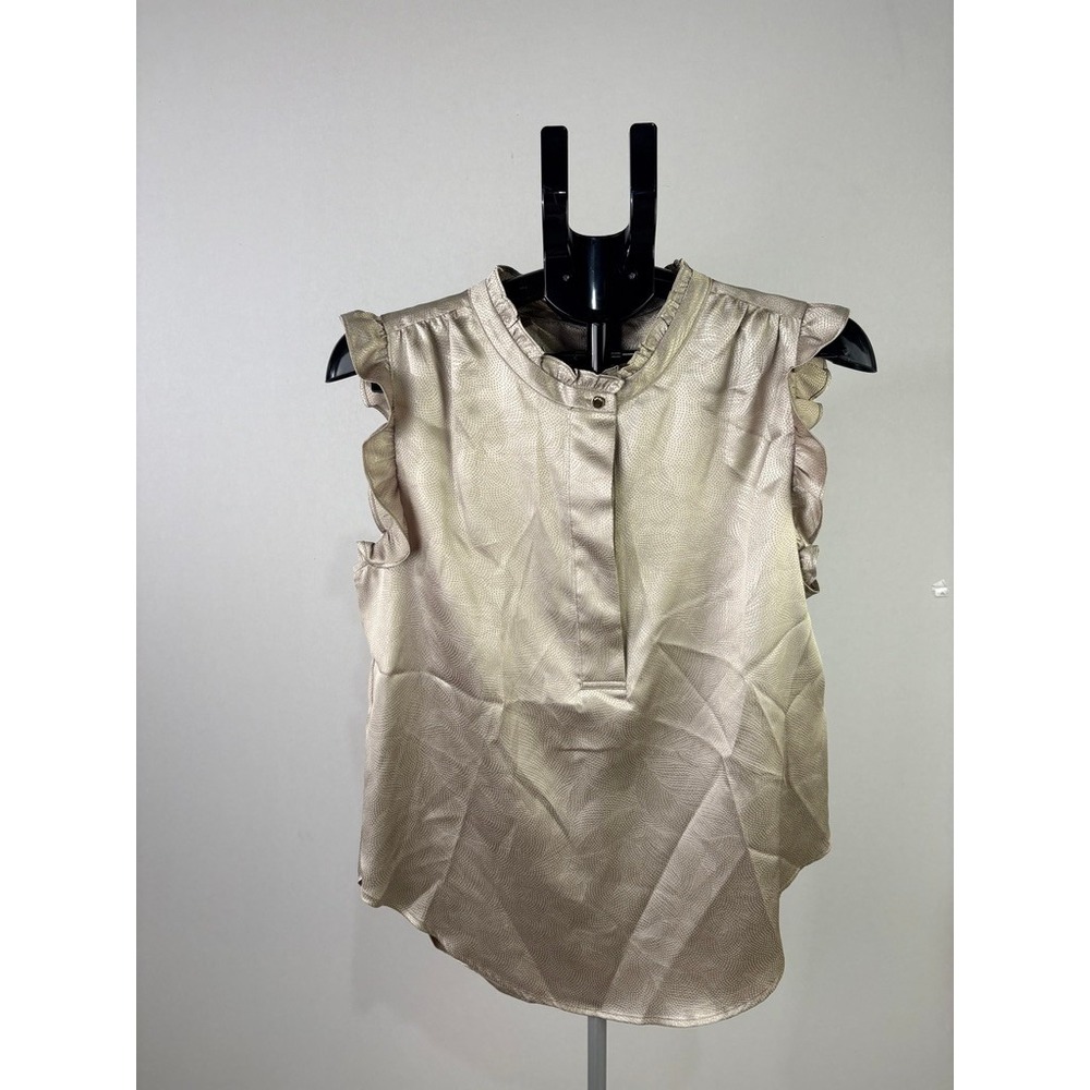 DKNY Neon Sunrise Ruffle Sleeve Satin Blouse Champagne UF1TQ145 Womens L NEW‎
